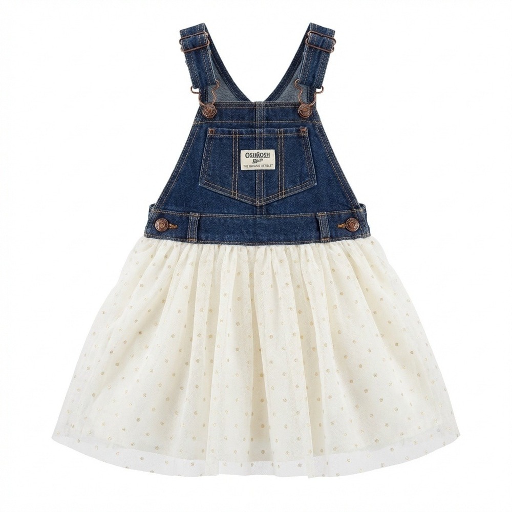 OshKosh Bgosh Girls 18M Denim Tulle Dress Gold Polka Dot Blue White Cute